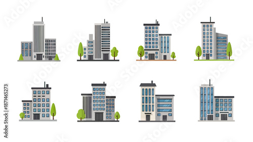 Modern City Buildings Collection with Trees and Windows