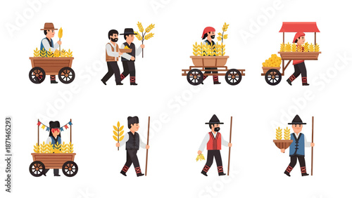 Farmers with Carts and Wheat Stalks Harvest Scene Vector Set