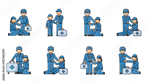 Medical Aid Icons: Rescuer Helping Injured Person with First Aid Kit