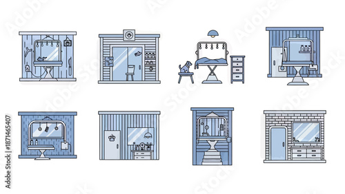 Collection of Dog Grooming Salon Scenes and Equipment Icons