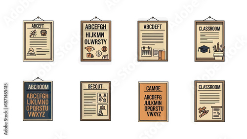 Vintage Classroom Posters with Alphabet and School Icons