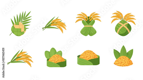 Rice Grain Harvest Icon Set with Green Leaves and Yellow Stalks
