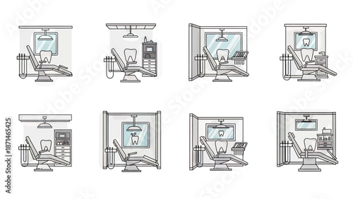 Dental Chair Setups with Mirror and Equipment Vector Illustrations