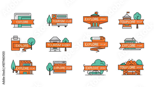 Travel and Tourism Icons: Explore and Discover Landmarks and Cities