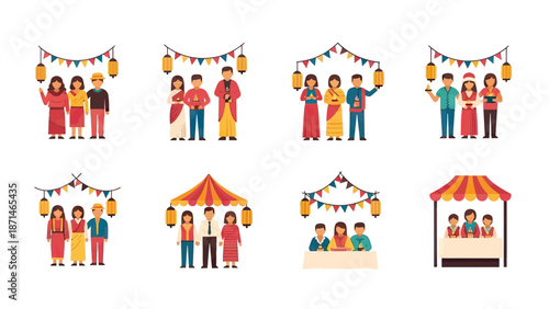 Diverse People in Traditional Attire at Festive Market Stalls