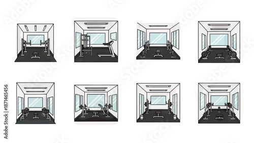 Gym Interior Scenes with Exercise Equipment and Weight Racks