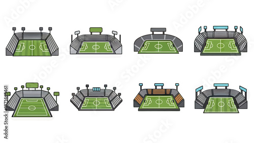 Collection of Pixel Art Stadiums with Soccer Fields and Lights