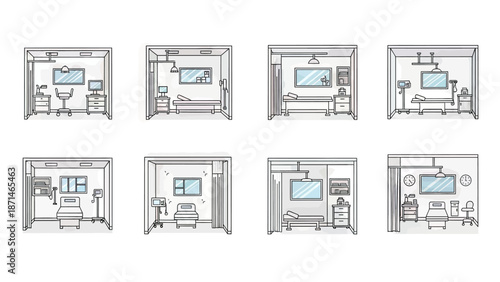 Modern Medical Examination Room and Hospital Bed Line Art Icons Set