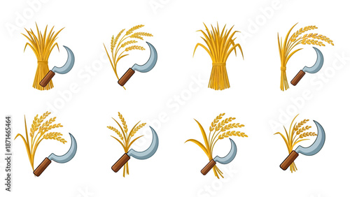 Harvesting Wheat or Rice Crops with Sickle Scythe Tool Icon Set