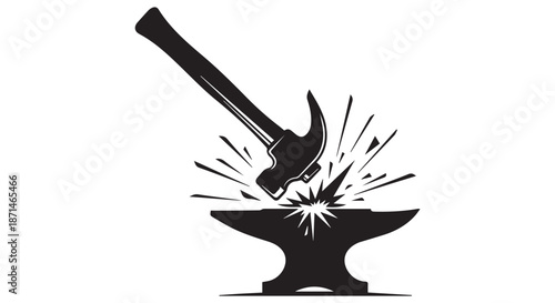 Black Anvil with Hammer Striking Sparks Isolated on Transparent Background for Craftsmanship and Industry Concepts