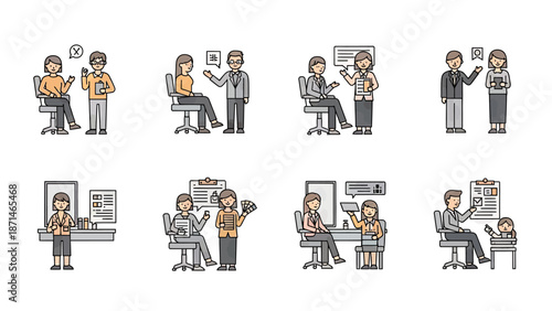 Diverse Business Meeting and Consultation Scenes Vector Icons