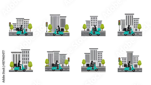 Delivery scooter riders in cityscape with modern buildings and traffic lights