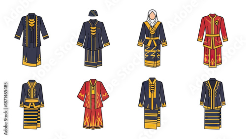 Traditional Ethnic Clothing Outfits Set Vector Illustration