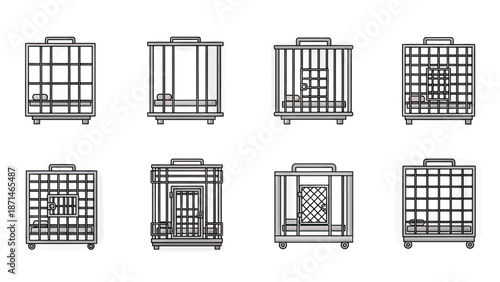 Collection of stylized metal pet carriers and cages with doors