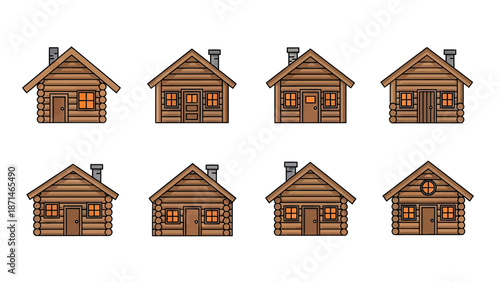 Rustic Log Cabin Village Icons Set