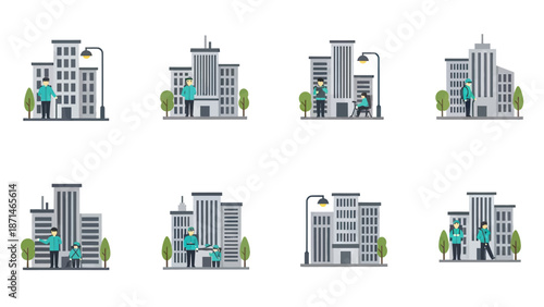 City buildings with people and trees in a flat design style