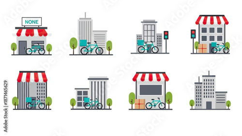 Delivery Bicycle and Storefronts with Modern Buildings and Trees