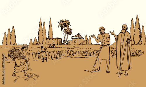 Vector drawing. Ruth and Boaz in the field