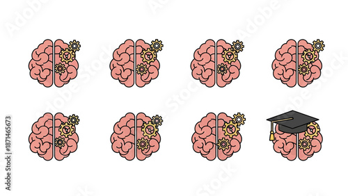 Brain with Gears and Graduation Cap Icons Representing Learning and Ideas
