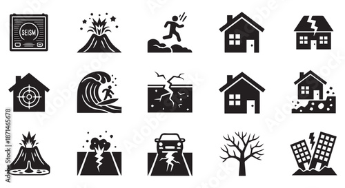 Set of 12 Black and White Disaster Preparedness Icons for Emergency Safety and Natural Hazards Awareness