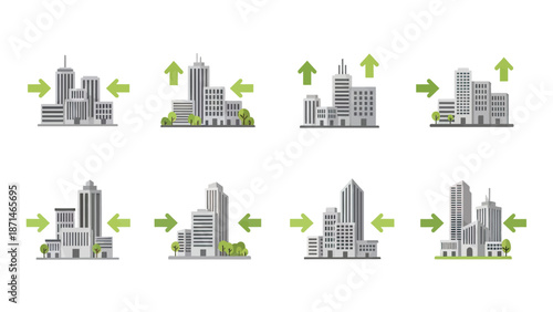 Cityscape Growth and Expansion with Green Arrows