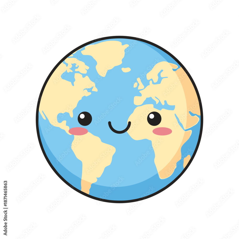 Obraz premium A cheerful, cartoon-style globe with a smiling face, highlighting Earth’s continents, ideal for educational use
