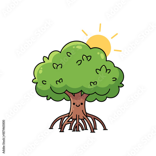 A cheerful cartoon tree with a smiling face, basking in sunlight with roots visible, ideal for children's designs