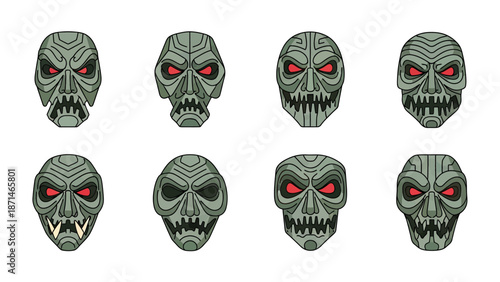 Set of Grotesque Tribal Masks with Glowing Red Eyes