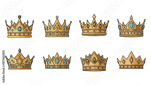 Set of Golden Ornate Crowns with Blue Gems