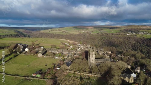 Aerial drone view of the village of heptonstall surrounded by the calder valley and west yorkshire landscape