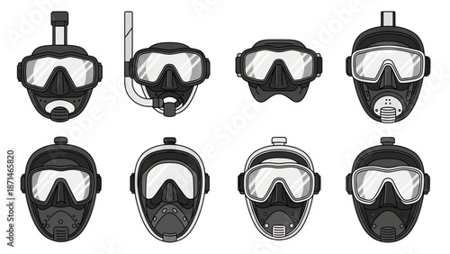 Collection of diverse diving masks and snorkel gear for underwater exploration