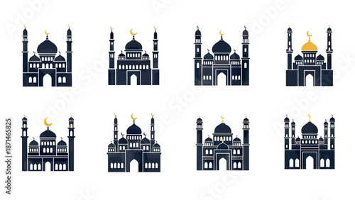 Collection of Islamic Mosque Building Silhouettes with Golden Crescent Moon