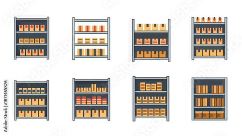 Warehouse Shelving Units Filled with Boxes and Packages