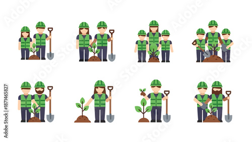 People planting trees in protective gear, gardening teamwork illustration
