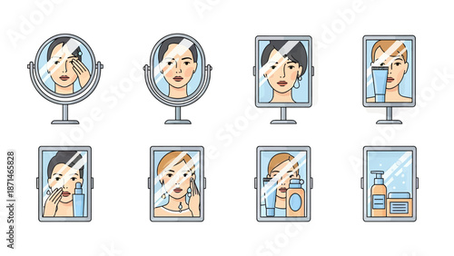Skincare routine steps reflected in mirrors, beauty and self-care icons