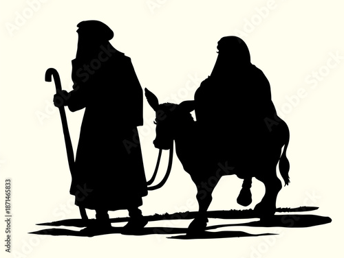 Vector drawing. Mary ride on the donkey