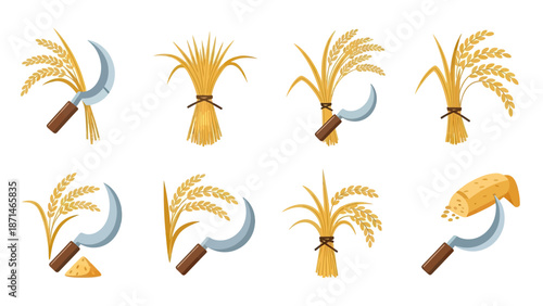 Golden Wheat Stalks and Sickle Icons for Harvest and Agriculture