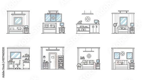 Vet Clinic Room Set Vector Icons