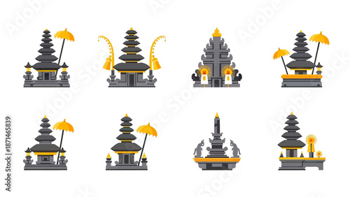 Set of Balinese Temples and Gates with Golden Umbrellas