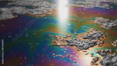 Close-up of a colorful oil slick with a rainbow sheen and bright light reflection on a wet surface with cracks and bubbles.