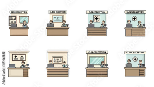 Clinic Reception Desks with Staff and Medical Icons