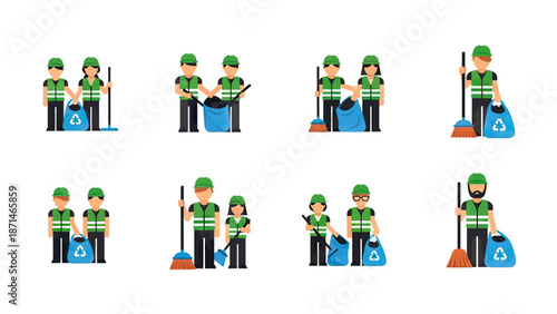 Sanitation Workers with Cleaning Tools and Recycling Bags
