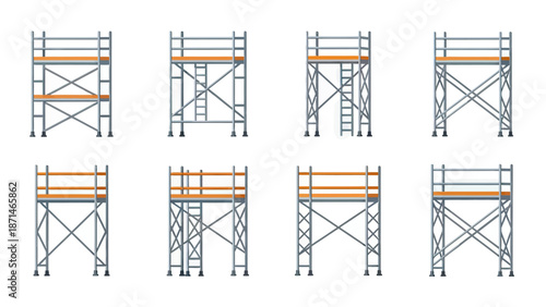 Set of metal scaffolding towers with wooden planks and ladders