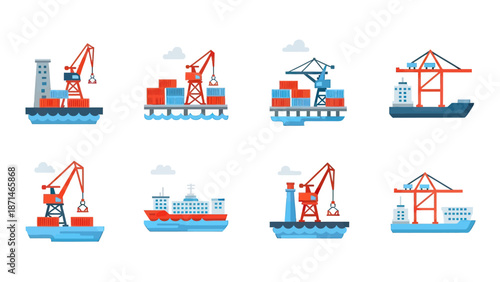 Harbor Cranes and Cargo Ships Loading Shipping Containers Vector Icons