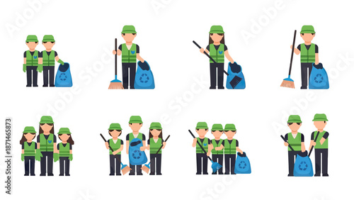 Sanitation Workers with Recycling Bags and Brooms Collection