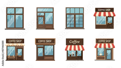 Collection of Diverse Shopfronts and Store Windows with Coffee Shop Signs