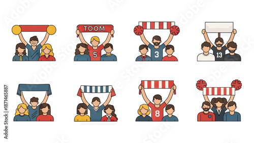 Pixel Art Sports Fans Cheering with Banners and Scarves