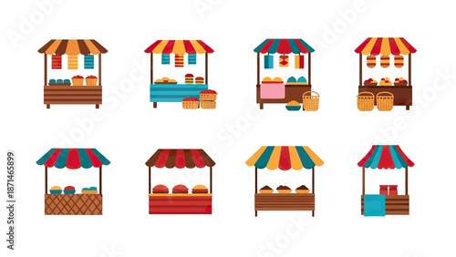 Colorful Market Stalls with Goods and Baskets Set