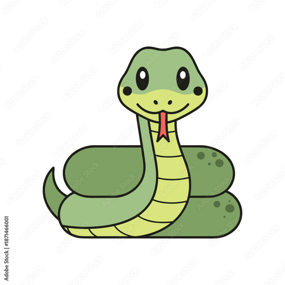 Fototapeta premium A cheerful green cartoon snake coiled on a soft surface, with a playful expression and a tongue flicking out