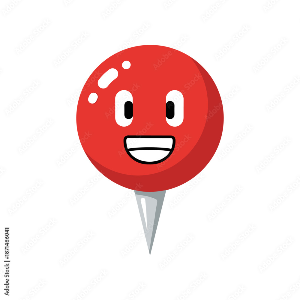 Fototapeta premium A cheerful red location pin character with a smiling face, set against a minimalist white background